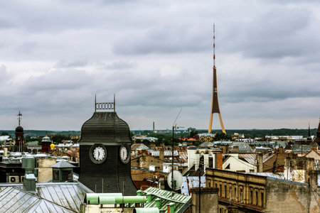 Riga .Latvia.7 September 2017.View over the rooftops of the city and TV tower in Riga from a height.のeditorial素材