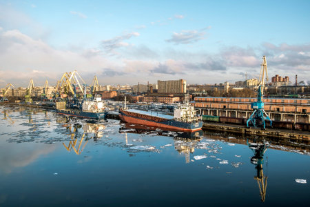 Saint-Petersburg.Russia.6 April 2018. Cranes  and ships in the marine cargo port of Saint-Petersburg