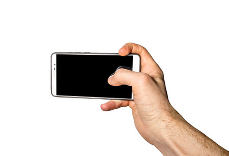 Smartphone in men's hand shot isolated on white background