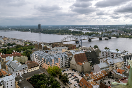 Riga .Latvia.7 September 2017.View from St. Peter's Church on the quay and the railway bridge of Riga.のeditorial素材