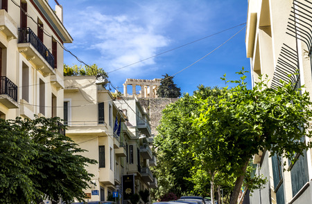 Athens.Greece.May 31, 2019.View of the Acropolis Hill among the streets in Athens.のeditorial素材