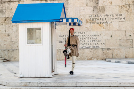 Athens.Greece.May 31, 2019.The guard at the Greek Parliament building on Syntagma square in Athens.