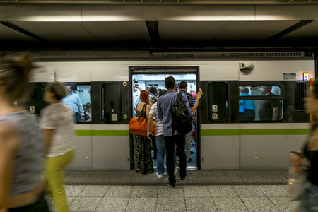 Athens.Greece.May 31, 2019.Passengers Board a train at the Acropolis metro station Platform in Athens.のeditorial素材