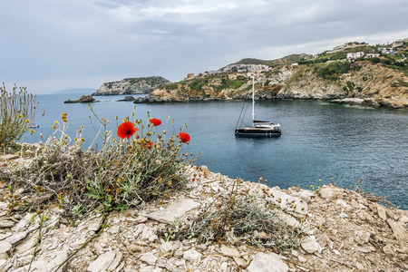Agia Pelagia.Crete.May 30, 2019.Yacht in the bay of Agia Pelageya in the mountains of Crete in Greeceのeditorial素材