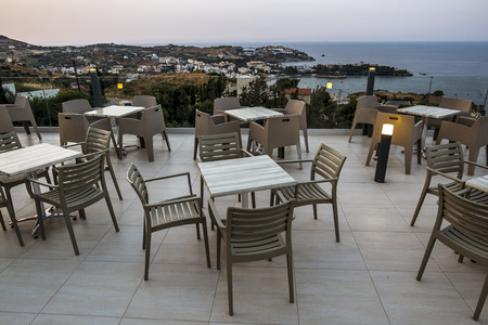 Agia Pelagia.Crete.May 28, 2019.View from the terrace of the "hotel & village Panorama" of the resort in Agia Pelagia in Crete in Greece.のeditorial素材
