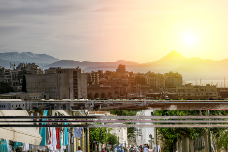 Heraklion.Greece.May 30, 2019. View of the ships in the port of Heraklion in Crete at sunsetのeditorial素材