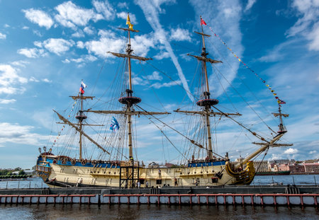 Saint-Petersburg.Russia.July 16, 2019.Sailboat Poltava moored at the promenade des Anglais in St....