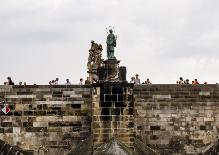 Prague.Czech Republic.August 29, 2019.Sculpture of St. John of Nepomuk on Charles bridge .のeditorial素材