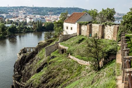 Prague.Czech Republic.August 28, 2019 . View from the height of the Visegrad district in Prague on the Vltava river and the city.のeditorial素材
