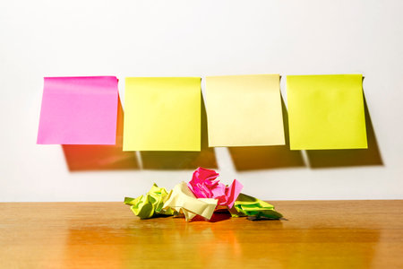 a square piece  paper for reminders pasted on the white wall next to the crumpled  notes in the...