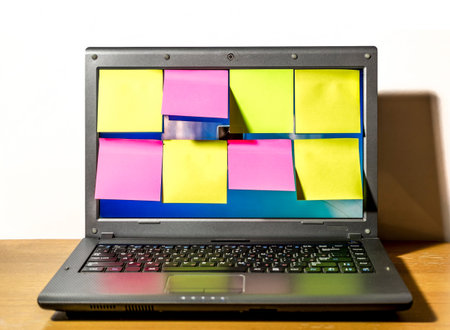square multi-colored reminder sheets are pasted on the laptop screen in the office
