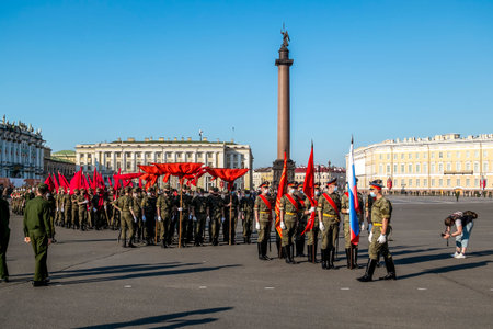 Saint-Petersburg. Russia. June 17, 2020. Rehearsal of the Victory Parade on Palace square in Saint Petersburg during the covid-19 pandemic.のeditorial素材