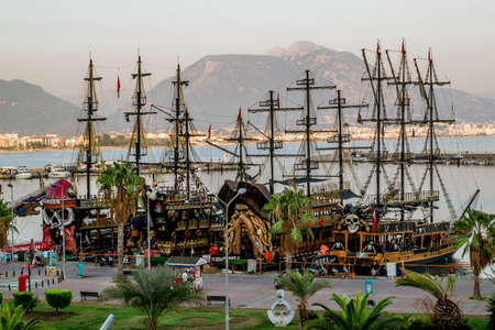Alania.Turkey.September 4, 2020. Tourist ships in the Harbor in Alanya in Turkeyのeditorial素材