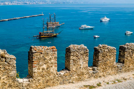 Alania.Turkey.September 3, 2020. View of the walls of the ancient fortress and the harbor in Alanya in Turkeyのeditorial素材