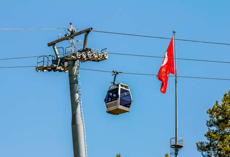 Alania.Turkey.September 4, 2020 The funicular to the fortress and Turkish flag in Alanya in Turkeyのeditorial素材