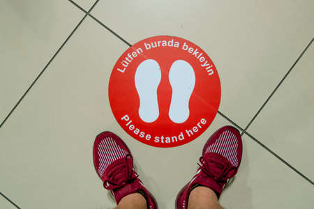 Antalya.Turkey.August 30, 2020.Social distance signs for passengers at Antalya international airport in Turkeyのeditorial素材