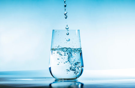 A stream of fresh water pours into a glass on a blue backgroundの写真素材