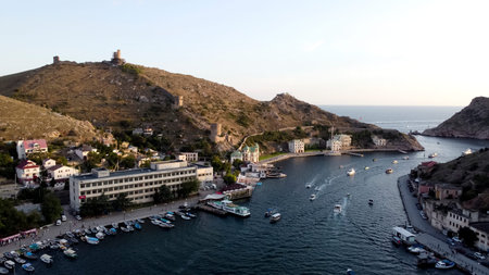 Balaklava. Crimea. 11 September 2021. Flying over The beautiful bay of Balaklava city, Crimean...