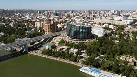 Rostov-on-Don. Russia. 16 september 2021. Filming from a copter of the embankment and the Don River...