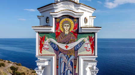 Malorechenskoye.Crimea. September 14, 2021. Mosaic on the facade of the Church of St. Nicholas...