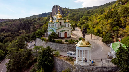 Yalta.Crimea.September 14, 2021. Church of the Archangel Michael in the Gaspra Mountains in Crimeaのeditorial素材