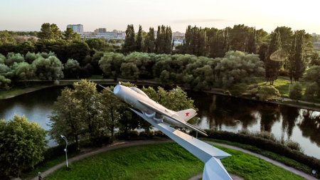 Saint-Petersburg.Russia.August 19,2021.Monument to military pilots stella with MIG19 fighter in...