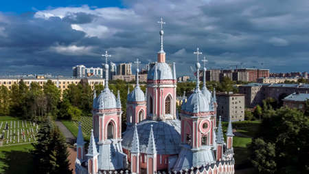 Saint petersburg.Russia.August 20, 2021. copter flight over the chesme church of the nativity of john the baptist in st. petersburg.のeditorial素材