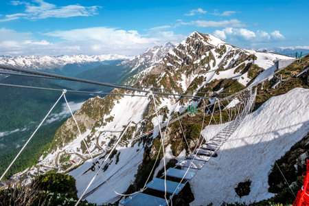 sochi. Russia. 2 june 2022.Suspension bridge at Rose Peak mountain station in Sochi resort city in...