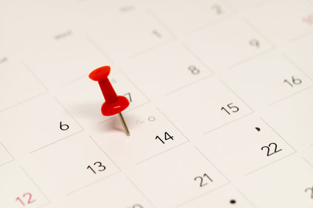 Pushpin on  calendar  for important date.の写真素材