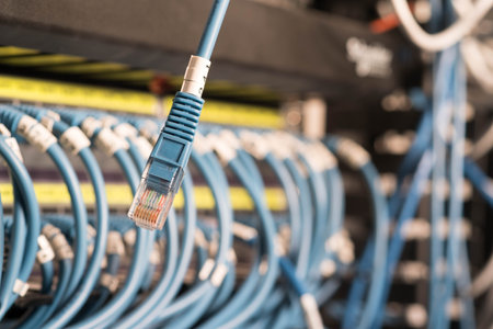 Ethernet wire on network switches in background.