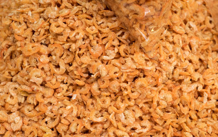 Pile of dried salted prawn in the food market,local food of Thailand.の写真素材
