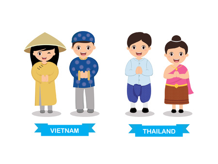 Kids in traditional costume Thailand and Vietnamのイラスト素材