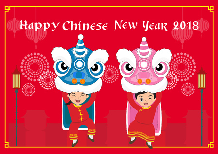 Chinese New Year, Lion Dance vectorのイラスト素材