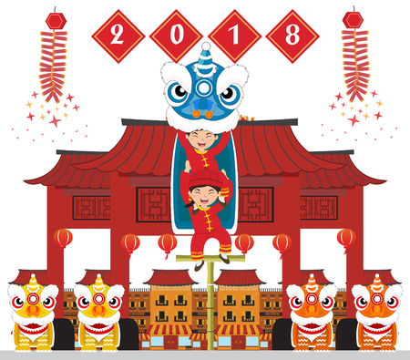 Chinese lion dance with new yearのイラスト素材