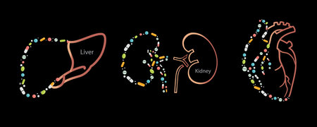 Heart,Liver,Kidney icon set on a black background