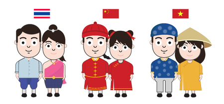 Kids Asian in traditional costume. vector illustrationのイラスト素材