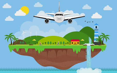 Airplane letâs go to trip and island landscape in the flat style. vector illustrationのイラスト素材