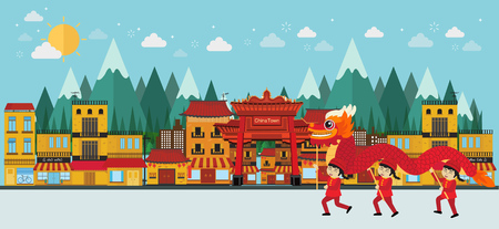 china town and red dragon dance. vector illustrationのイラスト素材