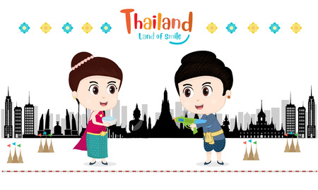 Little Kids celebrating in Songkran festival, Temple, Thailand. vectorのイラスト素材