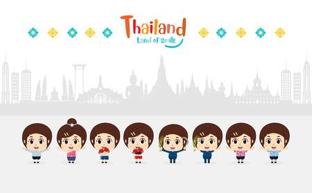 Thai kids traditional costume in Thailand. vector illustrationのイラスト素材