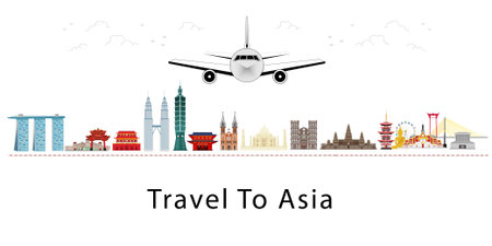 Travel to Asia. Air plane to landmarks of Asia. Cityscape, buildings, attractions. Vectorのイラスト素材