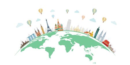 Travel and tourism with famous world landmarks on the globe. Vector illustrationのイラスト素材