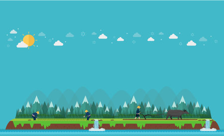 Tropical island. Asian farmers rice planting and buffalo working. Vector illustrationのイラスト素材