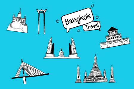 Hand drawn doodle. Thailand with attractions, landmarks. Bright color backgroundのイラスト素材