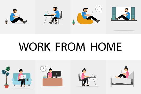 Work from home. Team working on laptop at home. Vector illustrationのイラスト素材