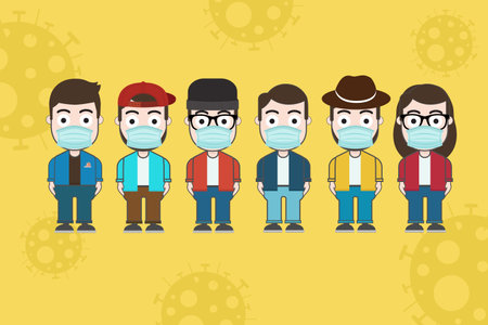 Men wear face masks protection on yellow background