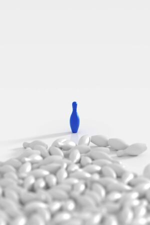 Many bowling pins on white, with the first one isolated.の写真素材