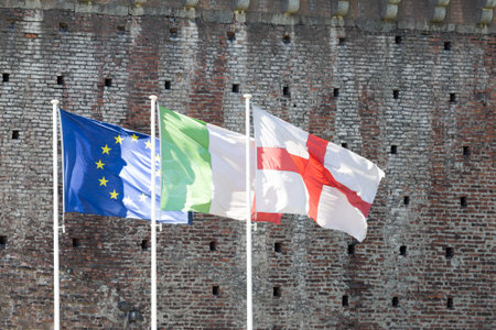 Italian and European flags, photo taken in Milan, Italy