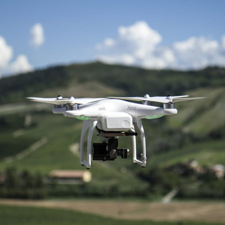 Quadcopter drone flying, technology and security concepts