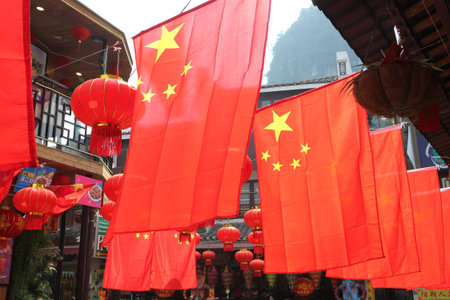 Many Chinese flags in Yangshuo, Chinaの写真素材